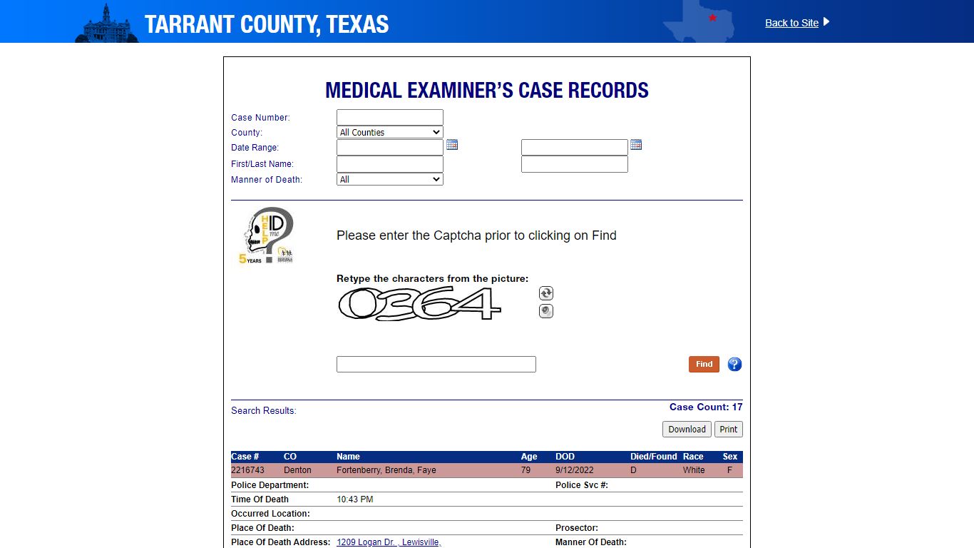 Medical Examiner’s Case Records - Tarrant County, Texas